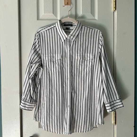 Ralph Lauren Black & White Pinstripe Button-Down Shirt | Size L - Picture 2 of 7